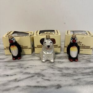 Silver and Black Dog and Penguin Ornaments Mercury glass hand made Poland NIB